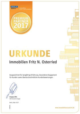 Urkunde: Fritz Osterried wurde von ImmobilienScout24 als Premium Partner 2017 ausgezeichnet