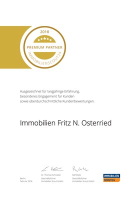 Urkunde: Fritz Osterried wurde von ImmobilienScout24 als Premium Partner 2018 ausgezeichnet