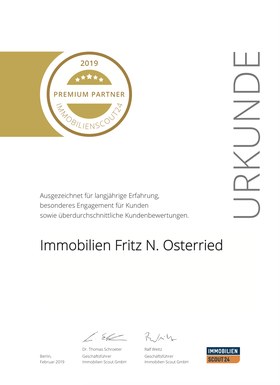 Urkunde: Fritz Osterried wurde von ImmobilienScout24 als Premium Partner 2019 ausgezeichnet