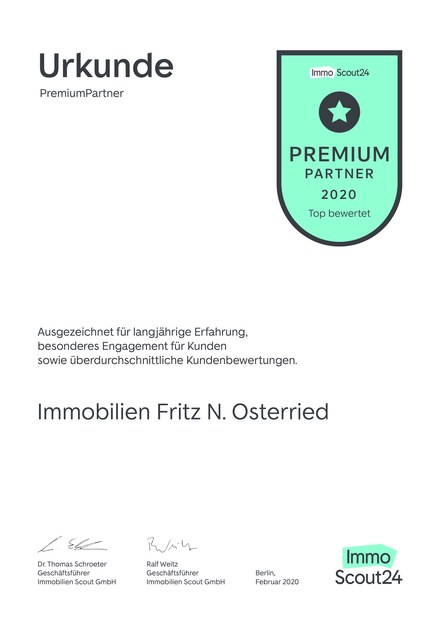 Urkunde: Fritz Osterried wurde von ImmobilienScout24 als Premium Partner 2020 ausgezeichnet