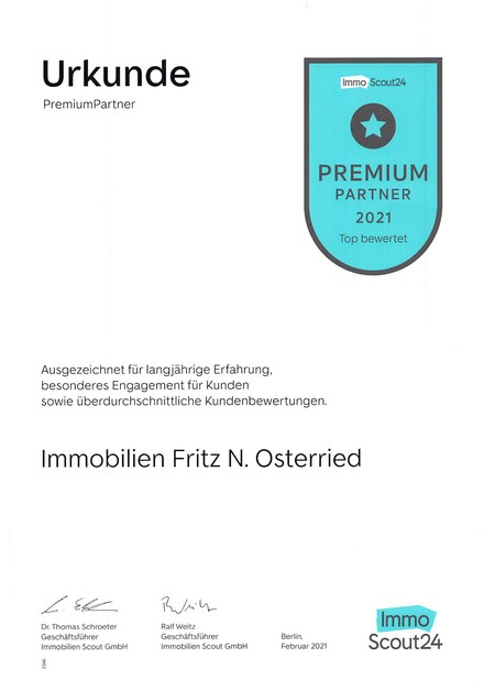 Urkunde: Fritz Osterried wurde von ImmobilienScout24 als Premium Partner 2021 ausgezeichnet