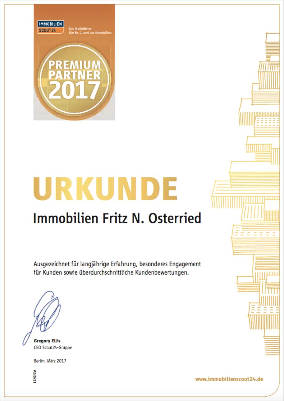 Makler Fritz N. Osterried wurde zum ImmobilienScout24 Premium Partner 2017 ausgezeichnet.