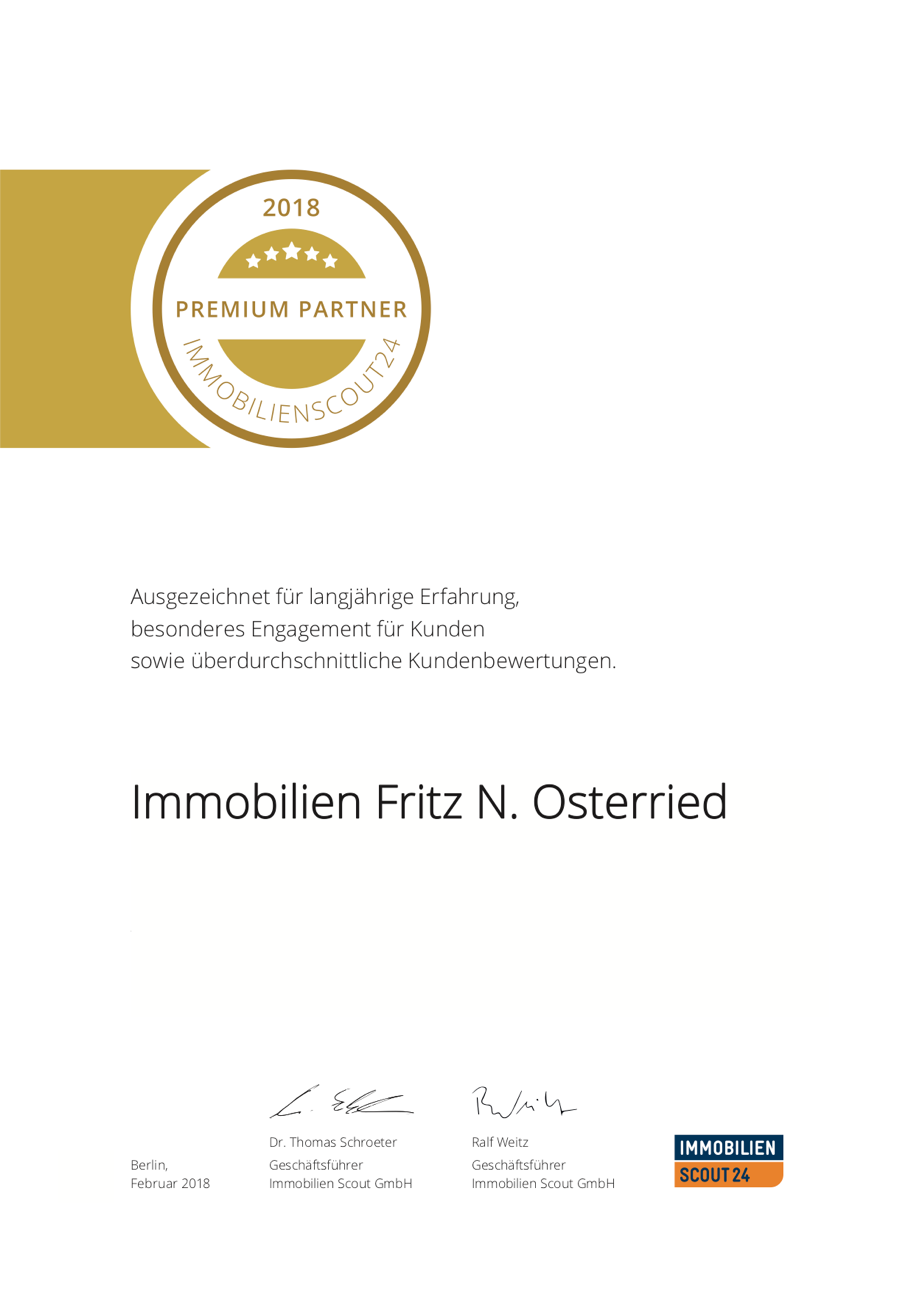 Makler Fritz N. Osterried wurde erneut zum ImmobilienScout24 Premium Partner ausgezeichnet.