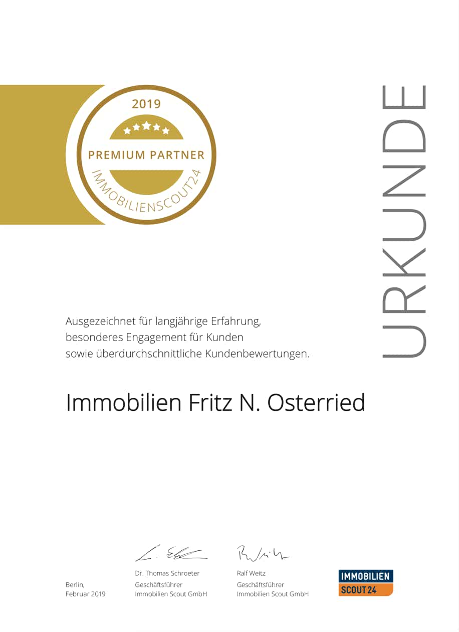 Immobiliemakler Fritz Osterried aus München wurde wieder als ImmobilienScout24 Premium Partner ausgezeichnet.